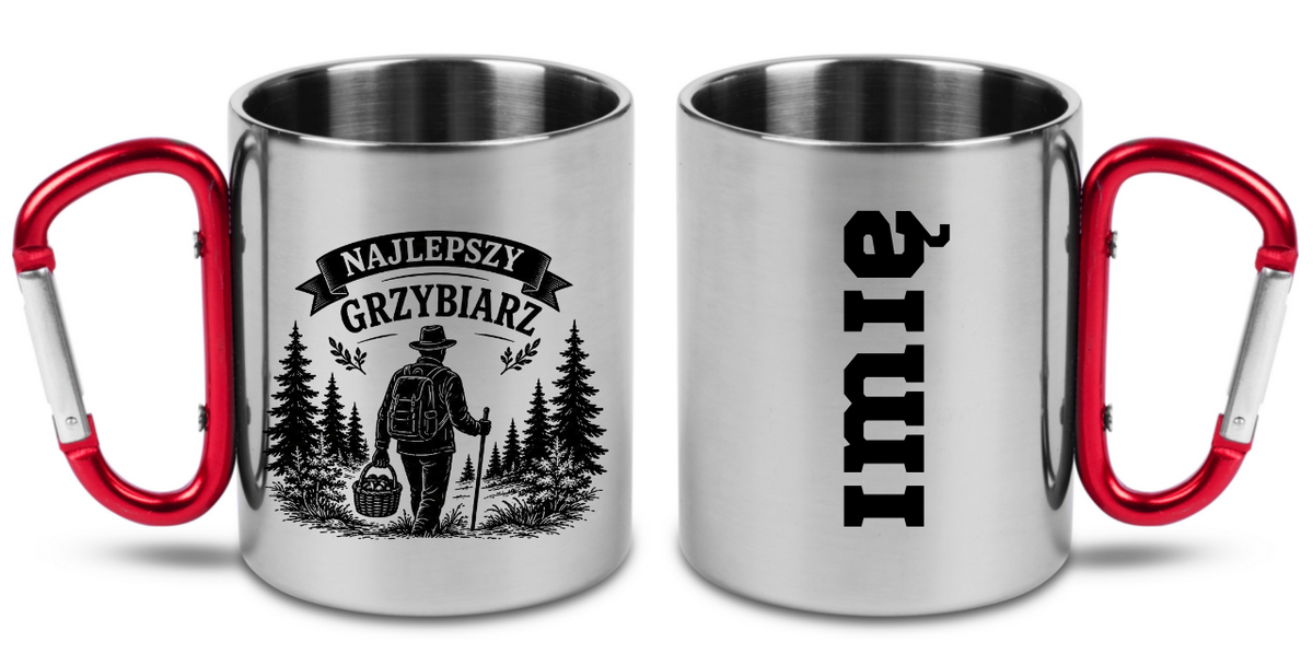 Kubek z czerwonym karabińczykiem „Najlepszy Grzybiarz” – na grzybobranie #4