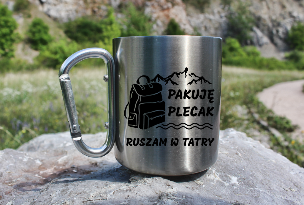 Kubek karabińczyk srebrny z nadrukiem "Pakuję plecak, ruszam w Tatry" - Zakopane, Podhale, góry #1