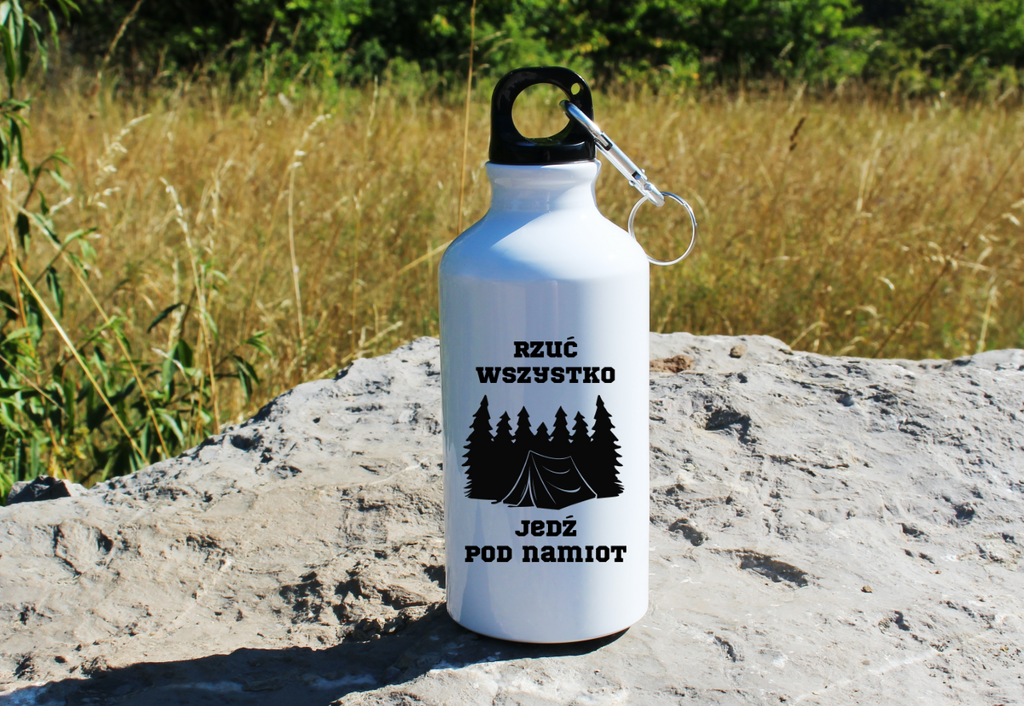 Butelka biała 400 ml z nadrukiem „Rzuć wszystko, jedź pod namiot” – camping, namiot #9