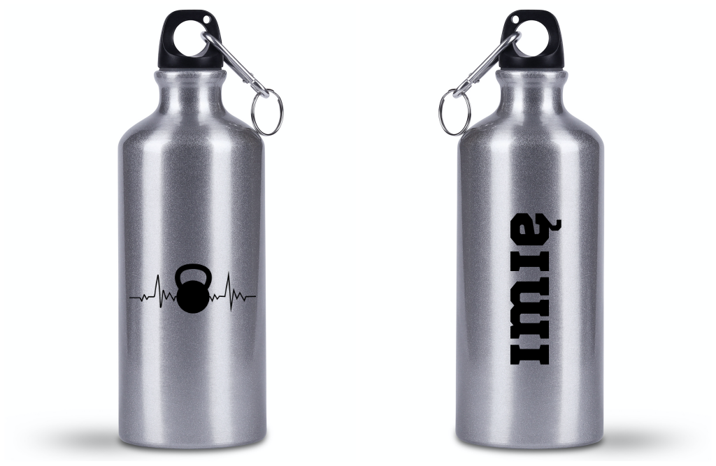 Butelka srebrna 500 ml z grafiką kettlebella i linią życia – na siłownię #4