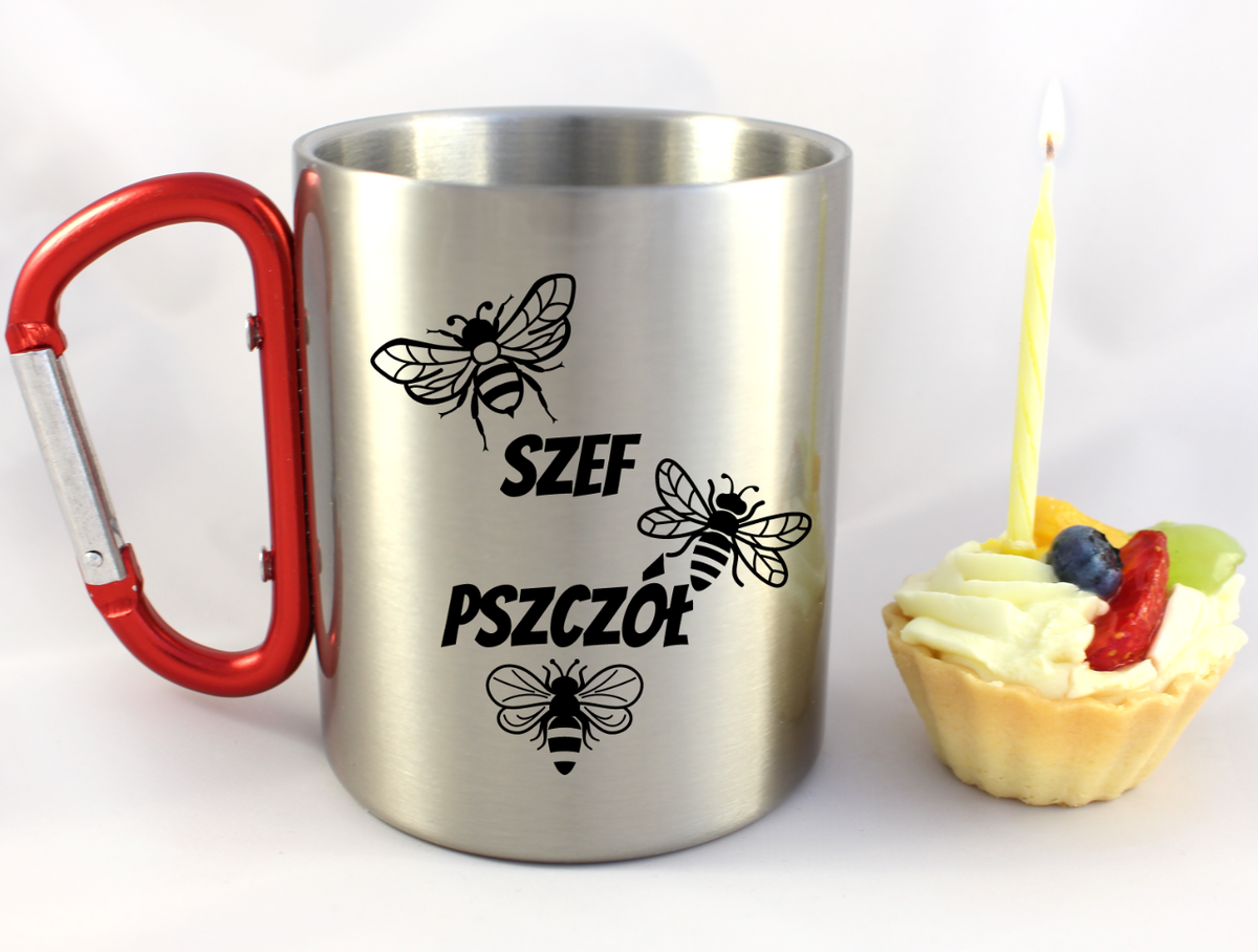 Kubek czerwony karabińczykiem z nadrukiem "Szef pszczół" #3