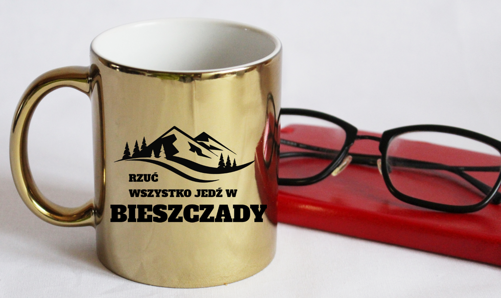 Kubek złoty z nadrukiem „Rzuć wszystko, jedź w Bieszczady” – góry #2