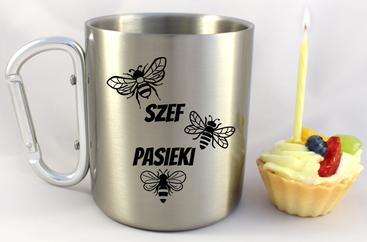 Kubek metalowy ze srebrnym karabińczykiem 300 ml z nadrukiem „Szef pasieki” – pszczelarstwo #4