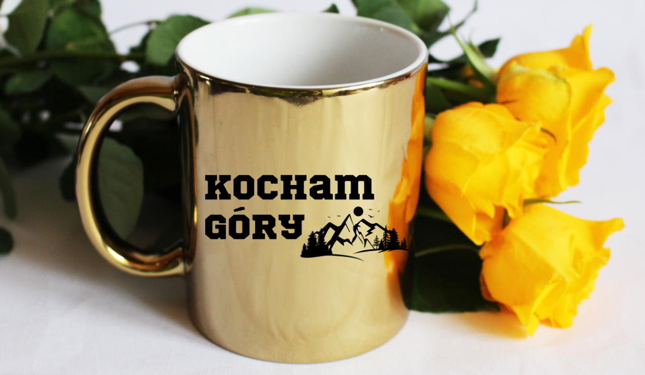 Kubek złoty z nadrukiem „Kocham Góry” – trekking, wyprawa #7