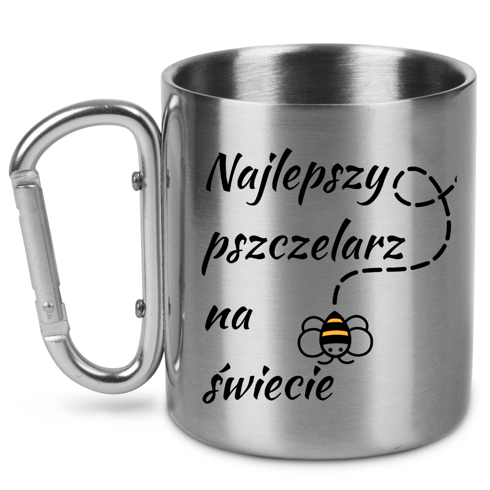 Kubek metalowy ze srebrnym karabińczykiem z nadrukiem „Najlepszy pszczelarz na świecie” – pszczelarstwo #5