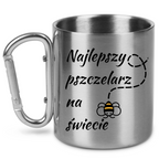 Kubek metalowy ze srebrnym karabińczykiem z nadrukiem „Najlepszy pszczelarz na świecie” – pszczelarstwo #5