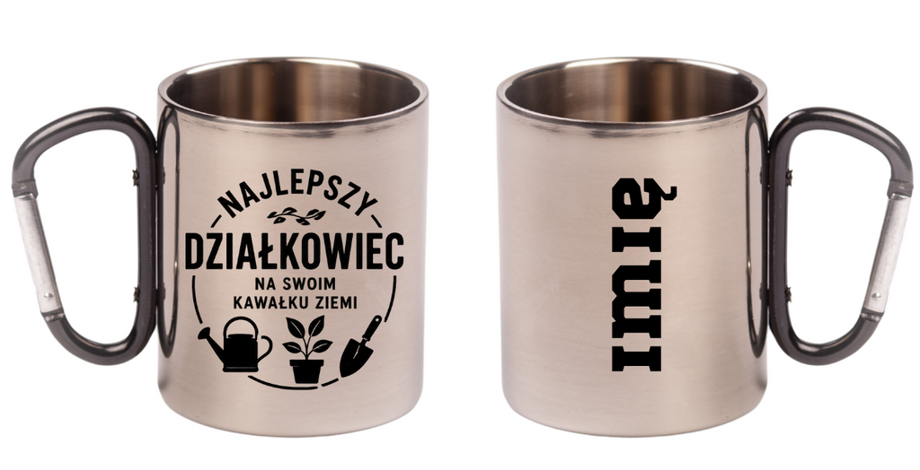 Kubek z czarnym karabińczykiem z nadrukiem „Najlepszy działkowiec na swoim kawałku ziemi” – działka, ogród #5