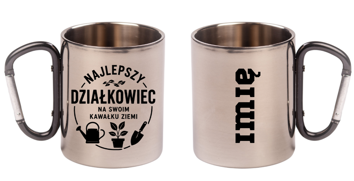 Kubek z czarnym karabińczykiem z nadrukiem „Najlepszy działkowiec na swoim kawałku ziemi” – działka, ogród #5