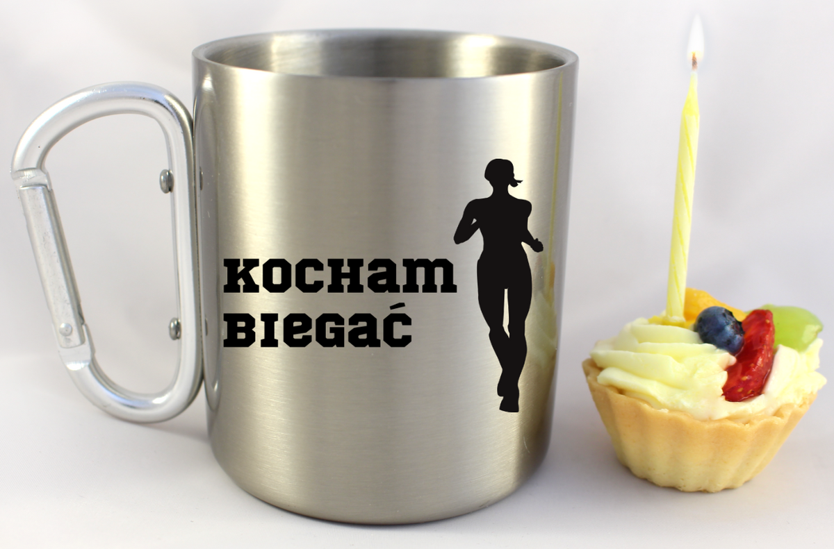 Kubek ze srebrnym karabińczykiem – z nadrukiem "Kocham Biegać" – dla pań, bieganie #4