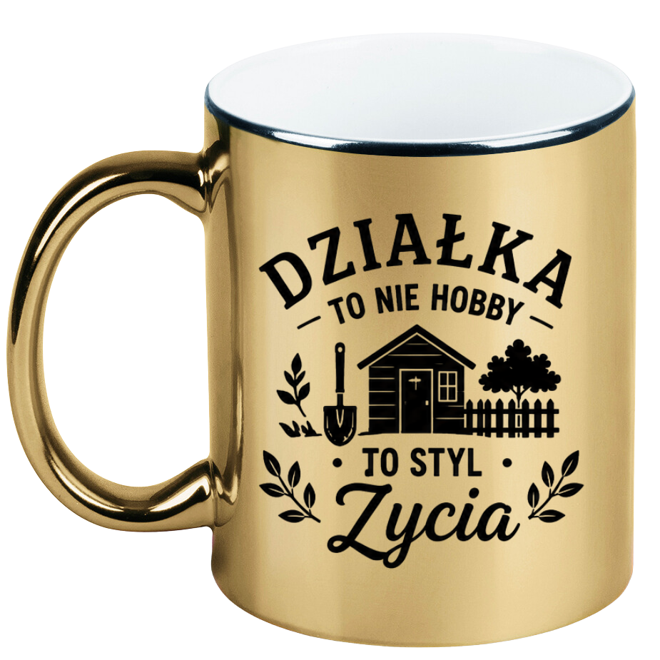 Kubek złoty z nadrukiem „Działka to nie hobby, to styl życia” – działka, ogród #4