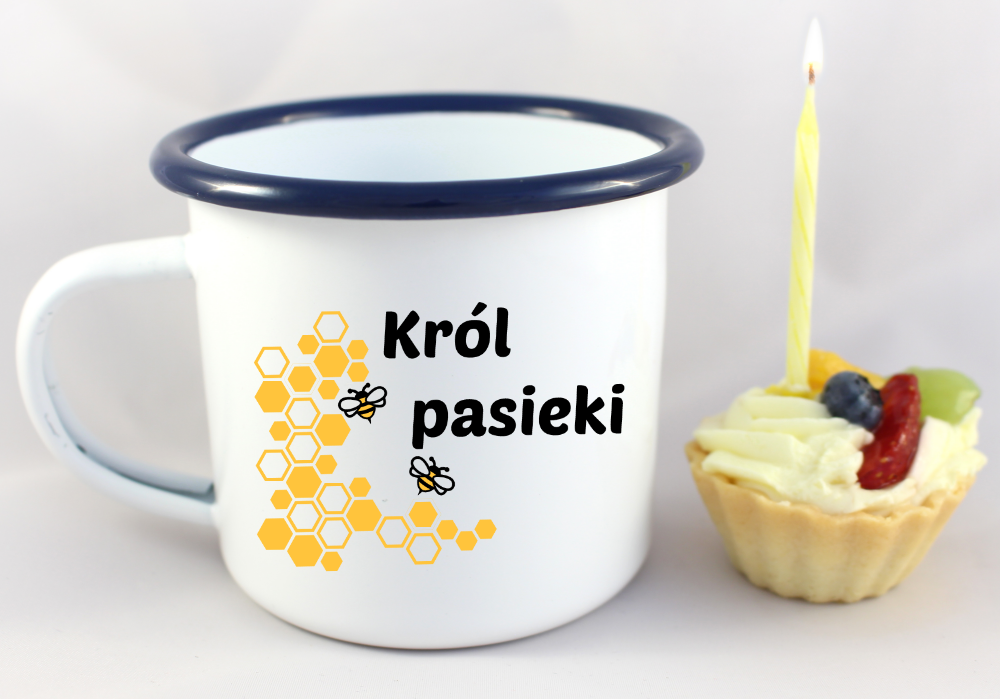 Kubek emaliowany biały z nadrukiem „Król pasieki” – pszczelarstwo #10