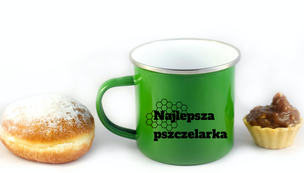 Kubek zielony emaliowany z nadrukiem "Najlepsza pszczelarka" – pszczelarstwo #3