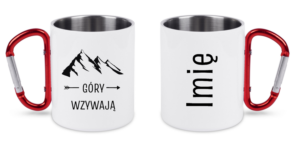 Kubek biały z czerwonym karabińczykiem, nadruk „Góry wzywają” - trekking #2