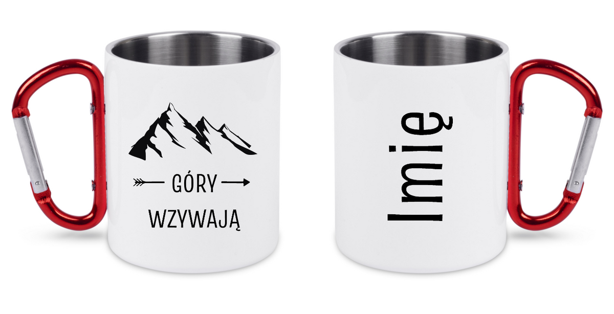 Kubek biały z czerwonym karabińczykiem, nadruk „Góry wzywają” - trekking #2