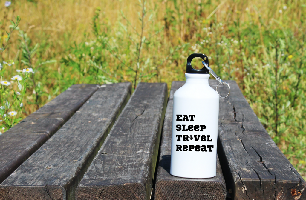 Butelka biała 400 ml z nadrukiem „Eat Sleep Travel Repeat” – podróż, wyprawa #5