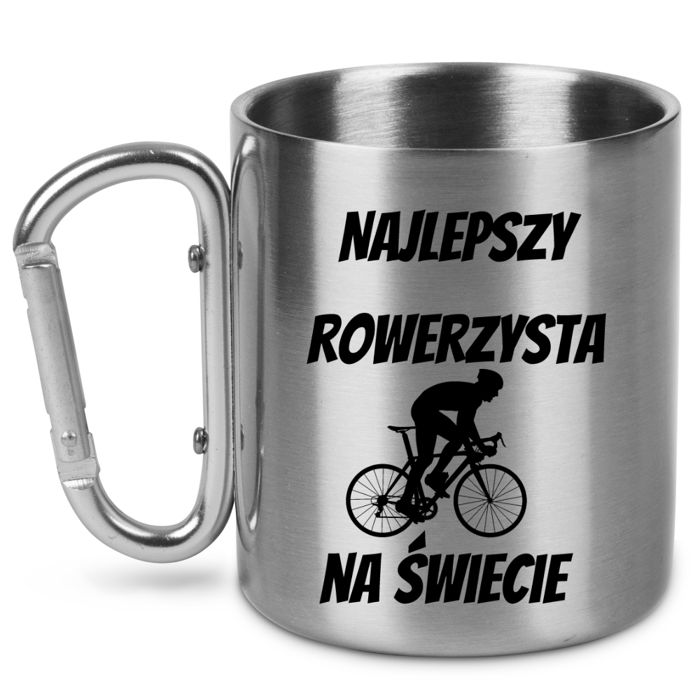 Kubek ze srebrnym karabińczykiem z nadrukiem „Najlepszy rowerzysta na świecie” – dla rowerzysty #11