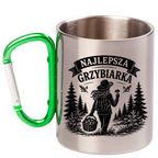 Kubek z zielonym karabińczykiem z nadrukiem „Najlepsza Grzybiarka” – na grzyby #3