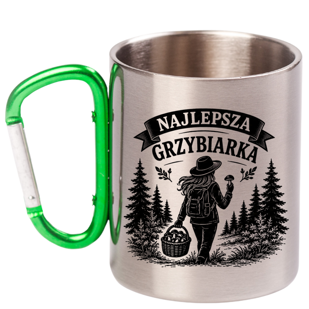 Kubek z zielonym karabińczykiem z nadrukiem „Najlepsza Grzybiarka” – na grzyby #3