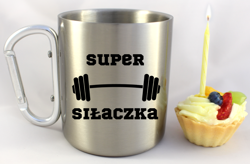 Kubek metalowy srebrny z karabińczykiem i nadrukiem „Super Siłaczka” – na siłownię #2