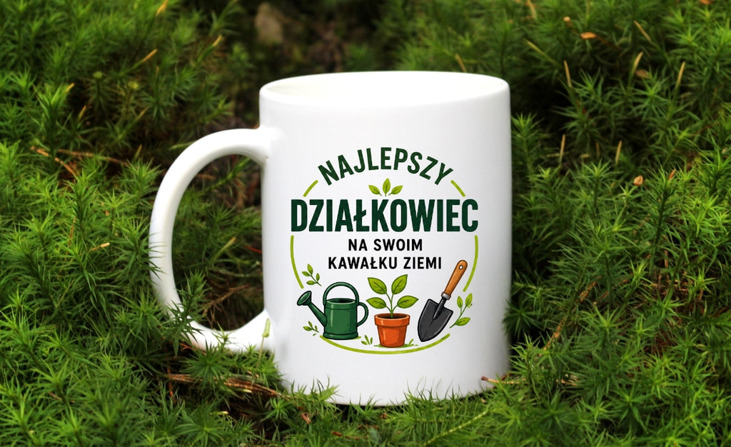 Kubek biały z nadrukiem „Najlepszy działkowiec na swoim kawałku ziemi” – ogród, działka #4