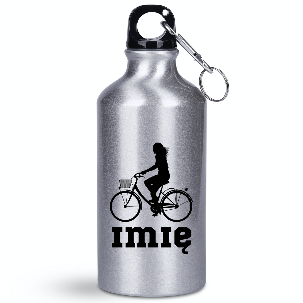 Butelka srebrna 400 ml z grafiką rowerową i imieniem do wyboru - dla rowerzystki #1