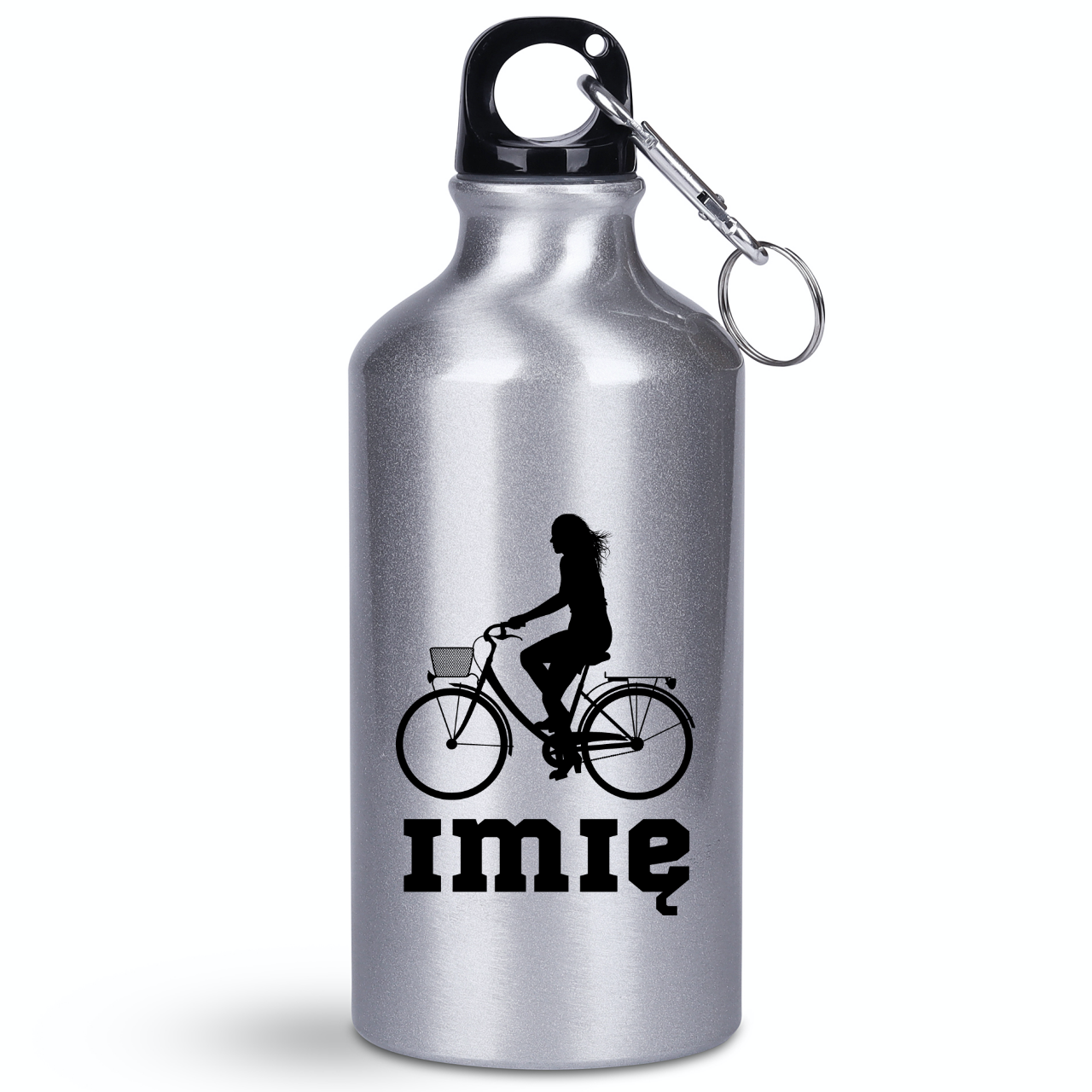 Butelka srebrna 400 ml z grafiką rowerową i imieniem do wyboru - dla rowerzystki #1