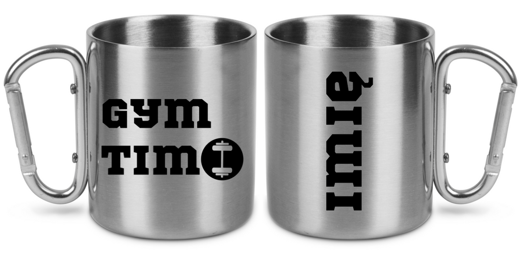 Kubek metalowy srebrny karabińczyk z nadrukiem "Gym Time" - na siłownię #1
