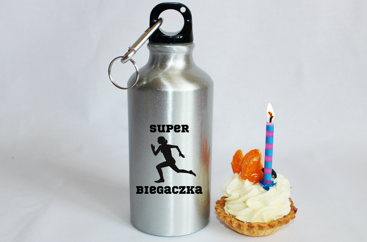 Butelka srebrna 400 ml z nadrukiem "Super Biegaczka" – bieganie #8