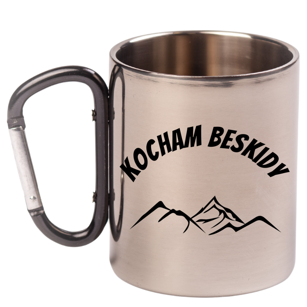 Kubek z czarnym karabińczykiem, nadruk "Kocham Beskidy" - góry #1