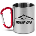 Kubek srebrny 300 ml z czerwonym karabińczykiem i nadrukiem „Przygoda wzywa” #9