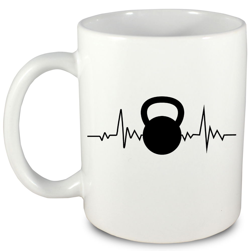 Kubek biały z grafiką kettlebell i linia życia – na prezent, siłownia #4