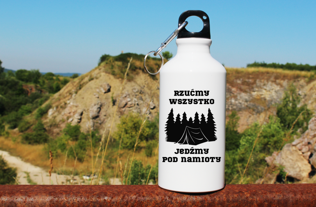 Butelka biała 400 ml z nadrukiem „Rzućmy wszystko, jedźmy pod namioty” – camping, namiot #10