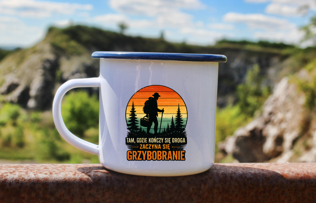 Kubek emaliowany biały z nadrukiem „Tam, gdzie kończy się droga - zaczyna się grzybobranie” – grzyby, las #10