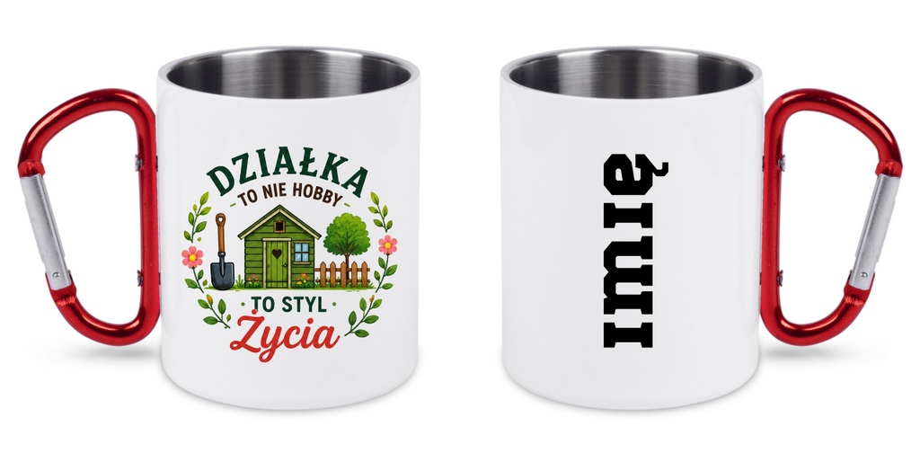 Kubek biały z czerwonym karabińczykiem „Działka to nie hobby, to styl życia” – działka, ogród #2