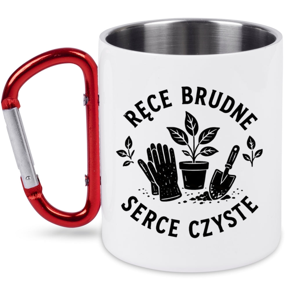 Kubek biały z czerwonym karabińczykiem „Ręce brudne, serce czyste” – działka, ogród #7