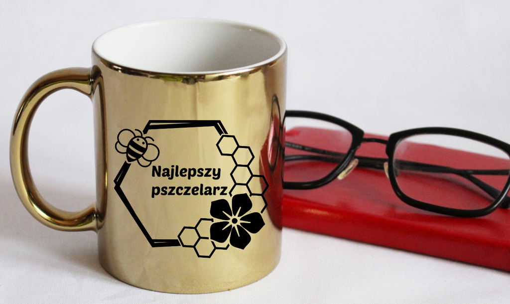 Kubek złoty z nadrukiem „Najlepszy pszczelarz” – pszczelarstwo #10