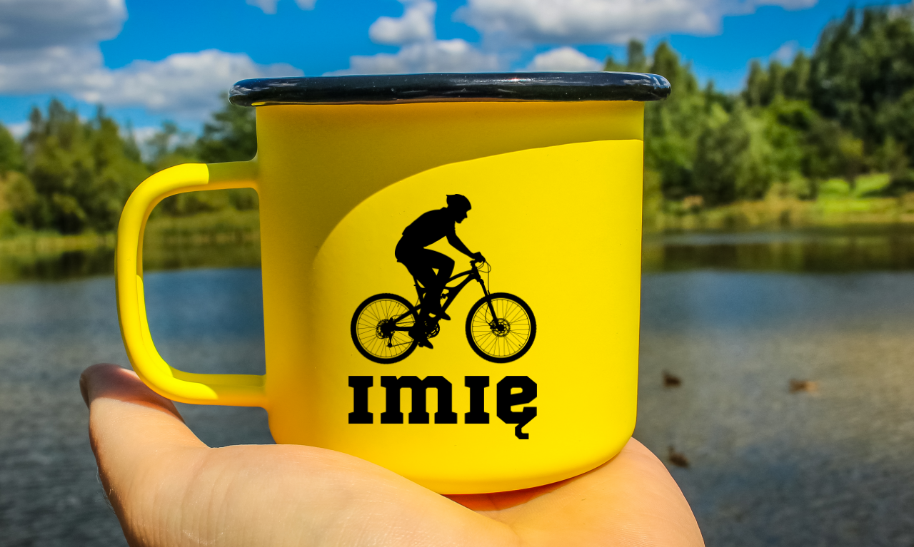 Kubek emaliowany żółty z nadrukiem roweru i imieniem do wyboru – dla rowerzysty #5