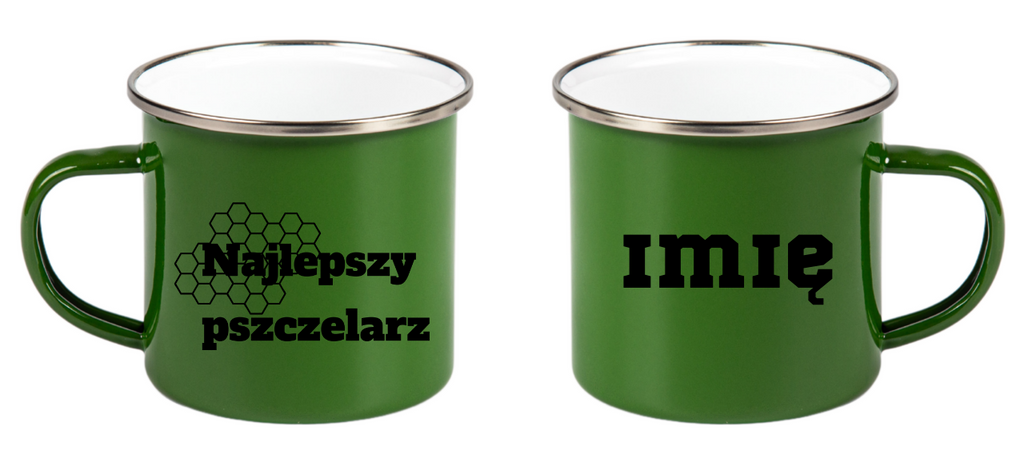 Kubek zielony emaliowany z nadrukiem „Najlepsza Pszczelarz” – pszczelarstwo #4
