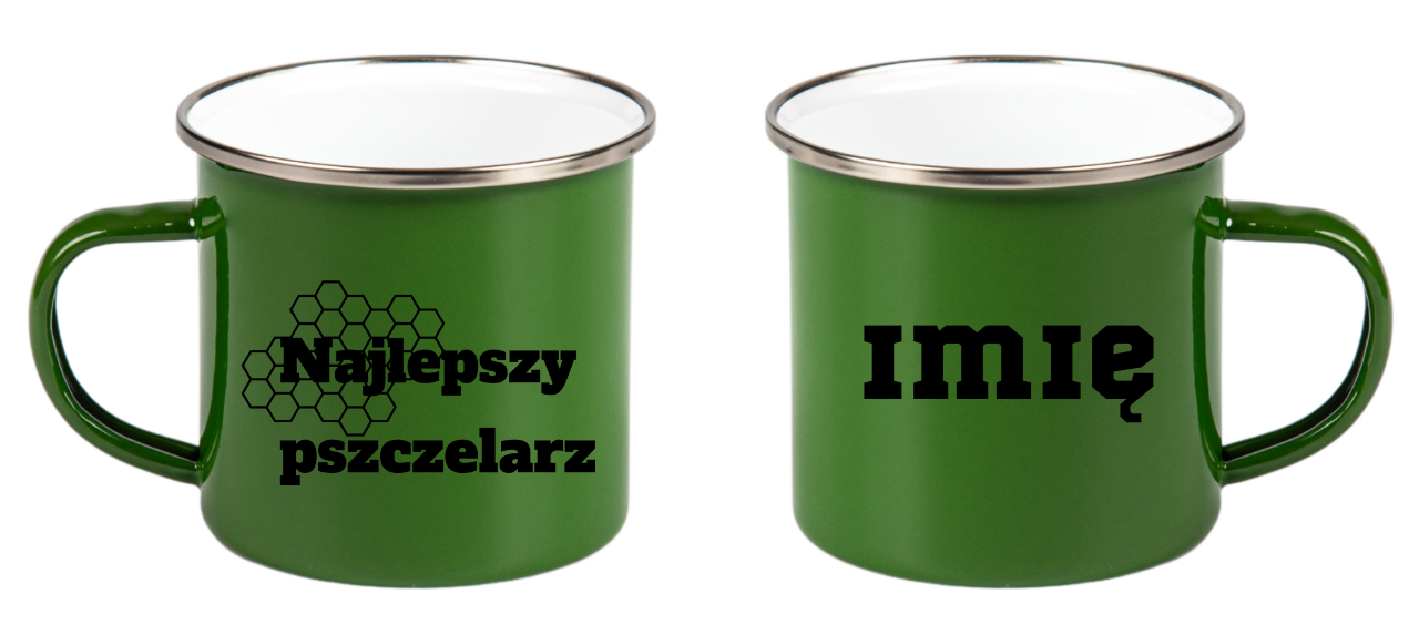 Kubek zielony emaliowany z nadrukiem „Najlepsza Pszczelarz” – pszczelarstwo #4