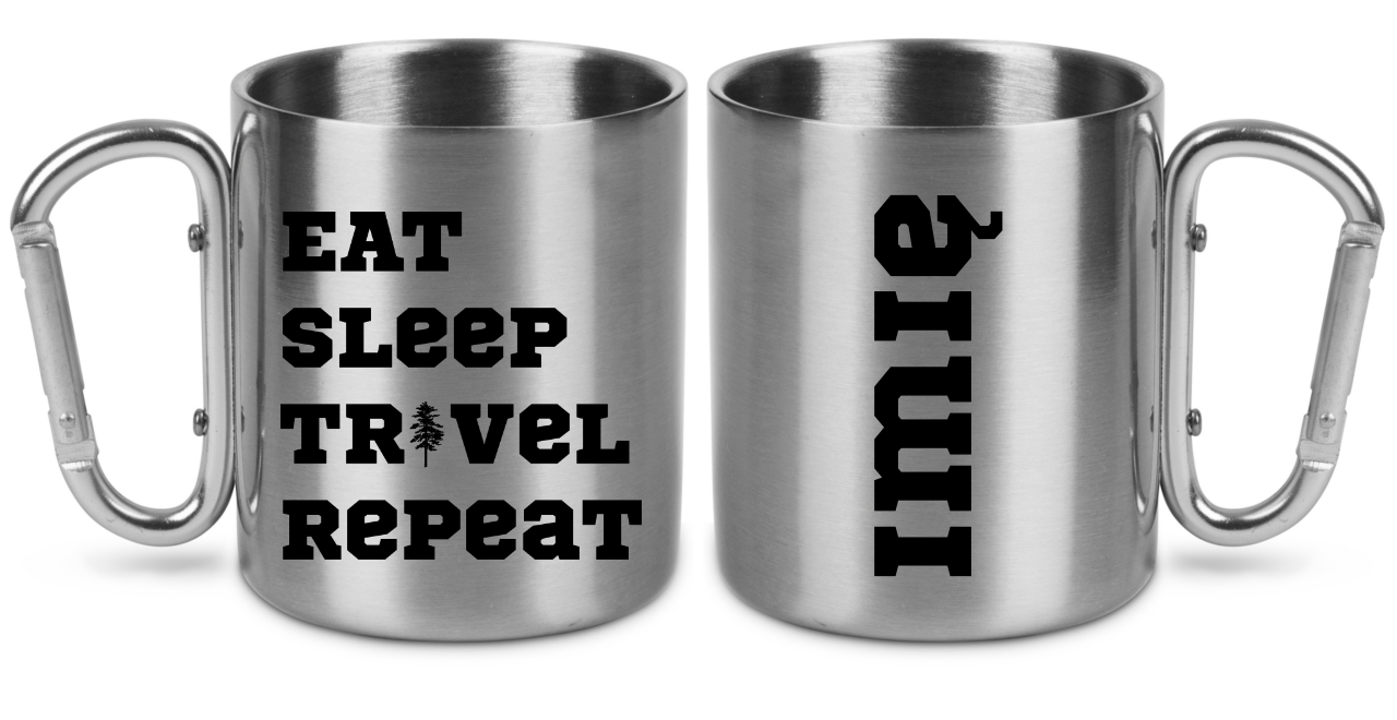 Kubek karabińczyk srebrny z nadrukiem „Eat Sleep Travel Repeat” – podróże, przygoda #5