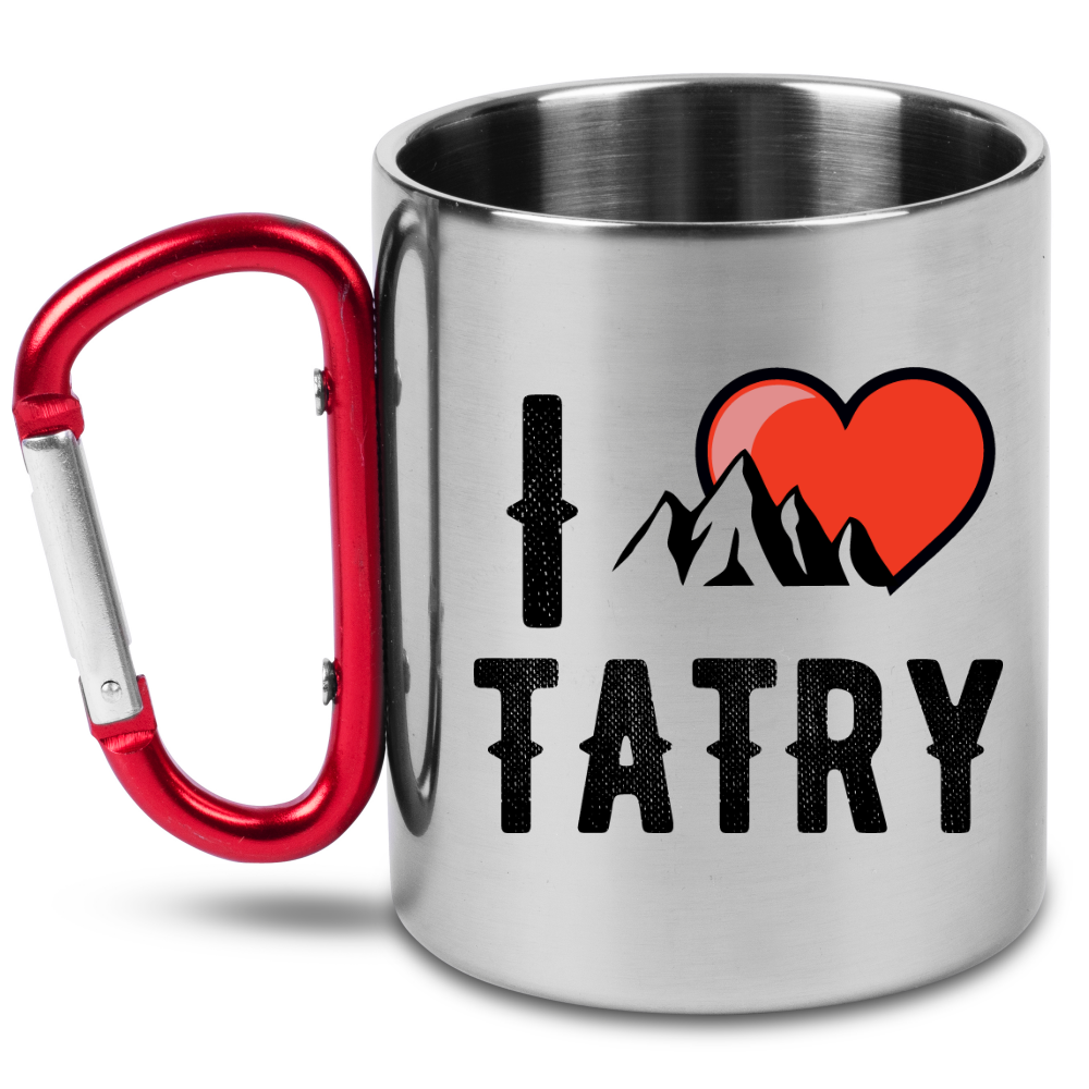 Kubek srebrny 300 ml z czerwonym karabińczykiem i nadrukiem „I love Tatry” - góry #10