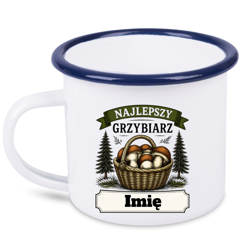 Kubek emaliowany biały z nadrukiem „Najlepszy Grzybiarz” i imieniem do wyboru – grzyby #5