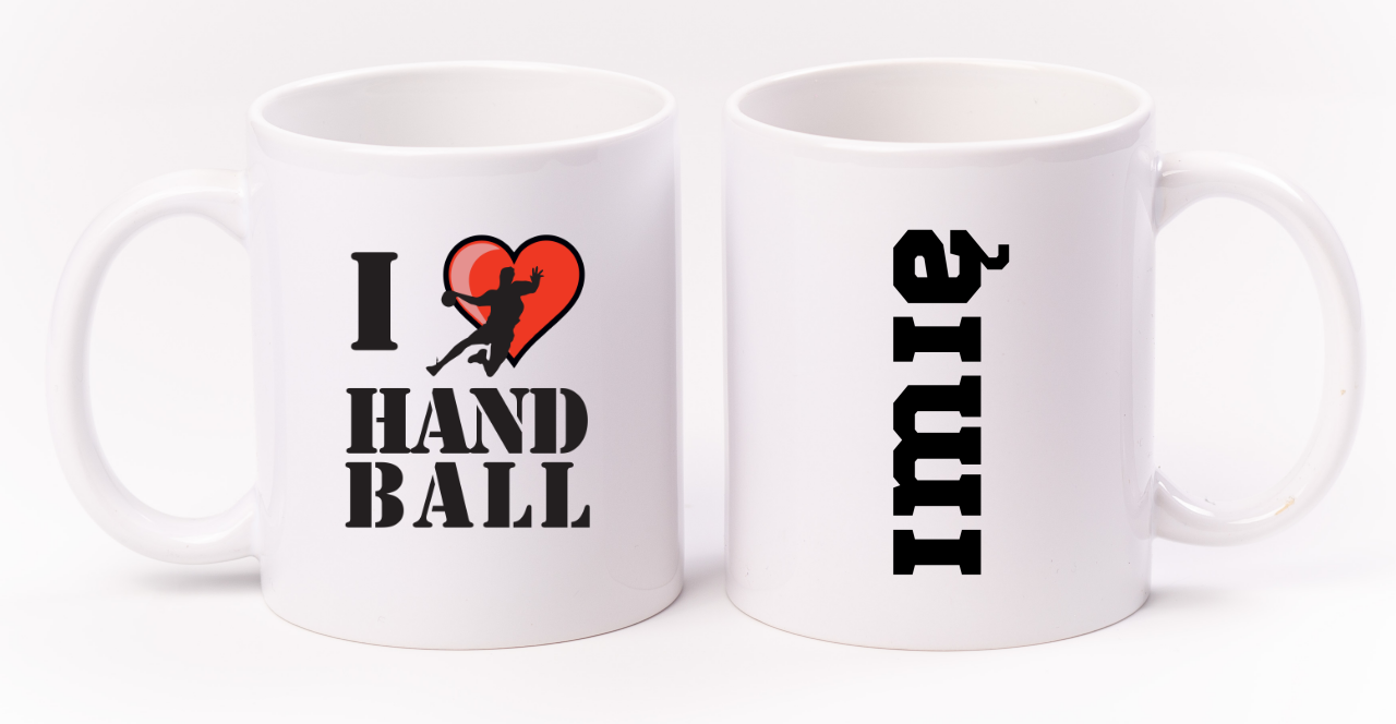 Kubek biały z grafiką piłkarza w sercu i napisem "I love HANDBALL" #2