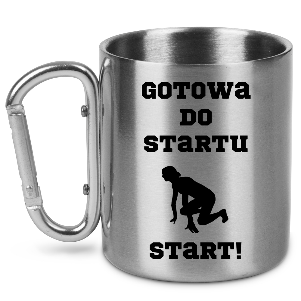 Kubek ze srebrnym karabińczykiem – z nadrukiem "Gotowa do startu start!" – dla pań, bieganie #5
