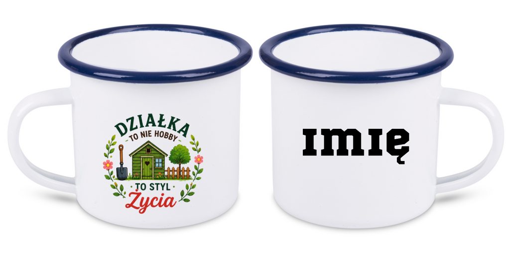 Kubek emaliowany biały z nadrukiem „Działka to nie hobby, to styl życia” – ogród, działka #2