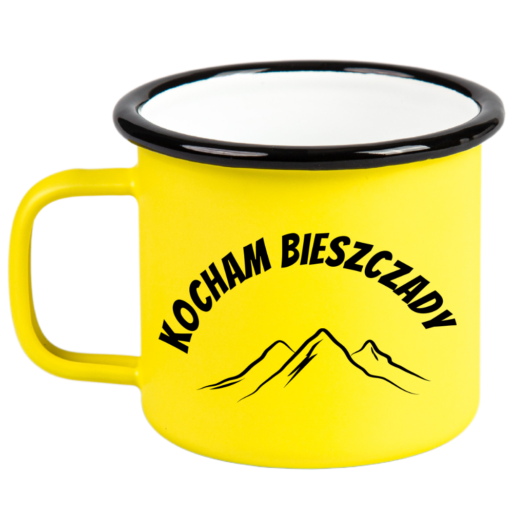 Kubek emaliowany żółty z nadrukiem "Kocham Bieszczady" - góry #2