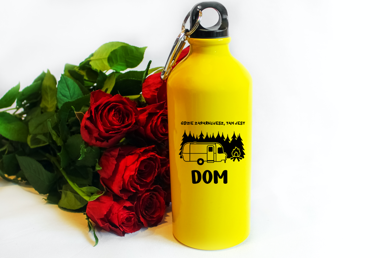 Butelka żółta 600 ml z nadrukiem "Gdzie zaparkujesz, tam jest dom" – camping, namiot, podróże #7