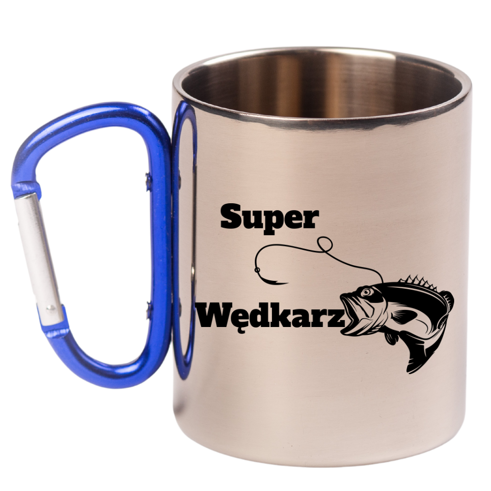 Kubek metalowy 300 ml z niebieskim karabińczykiem i nadrukiem "Super Wędkarz" – wędkarstwo #5