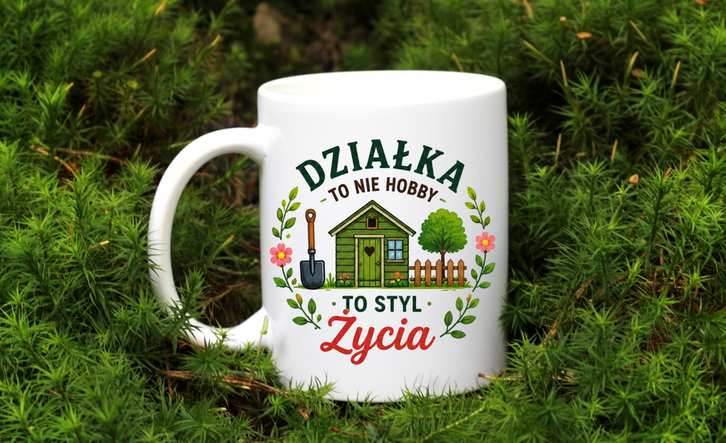 Kubek biały z nadrukiem „Działka to nie hobby, to styl życia” – ogród, działka #2