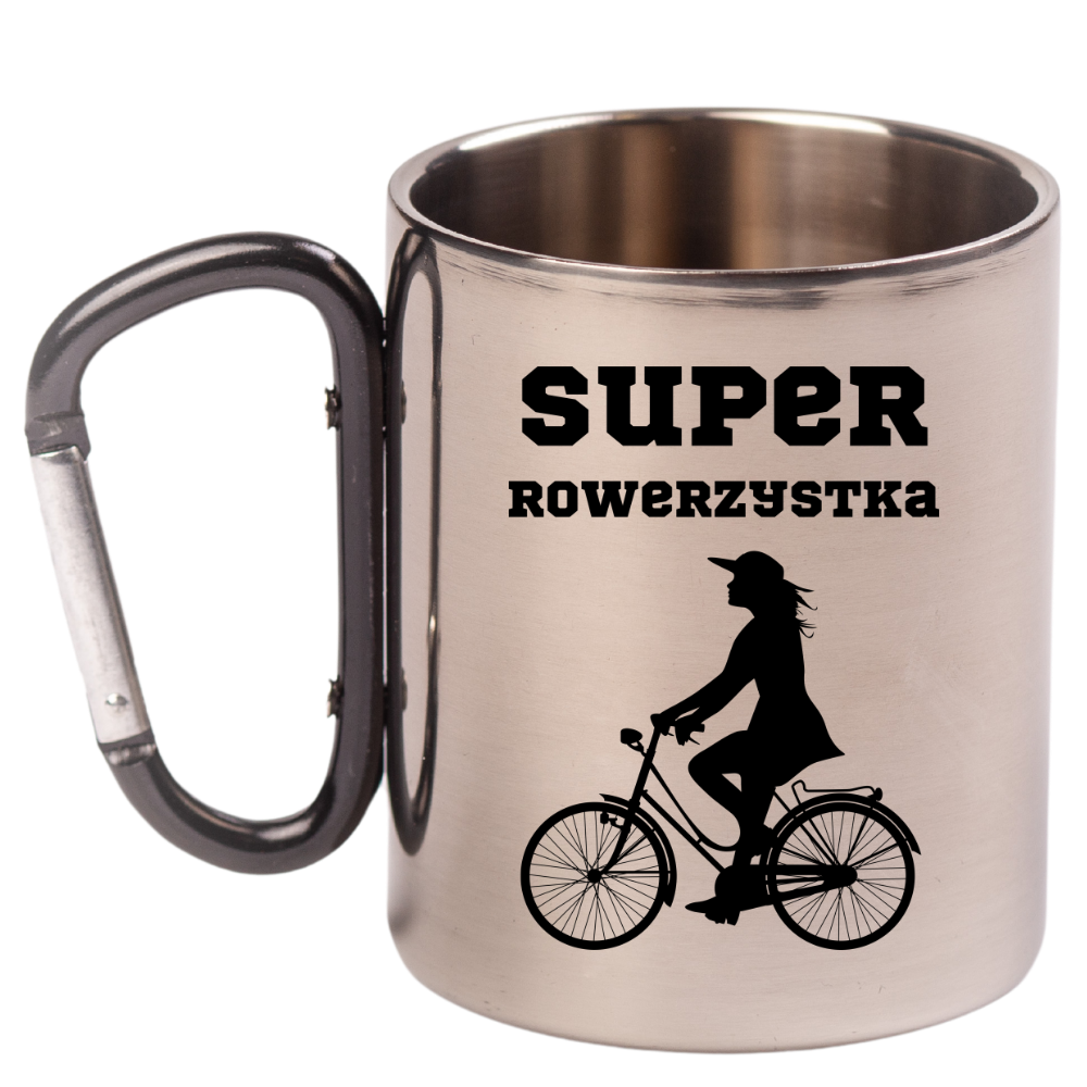 Kubek z czarnym karabińczykiem, nadrukiem „Super Rowerzystka” – dla rowerzystki #6